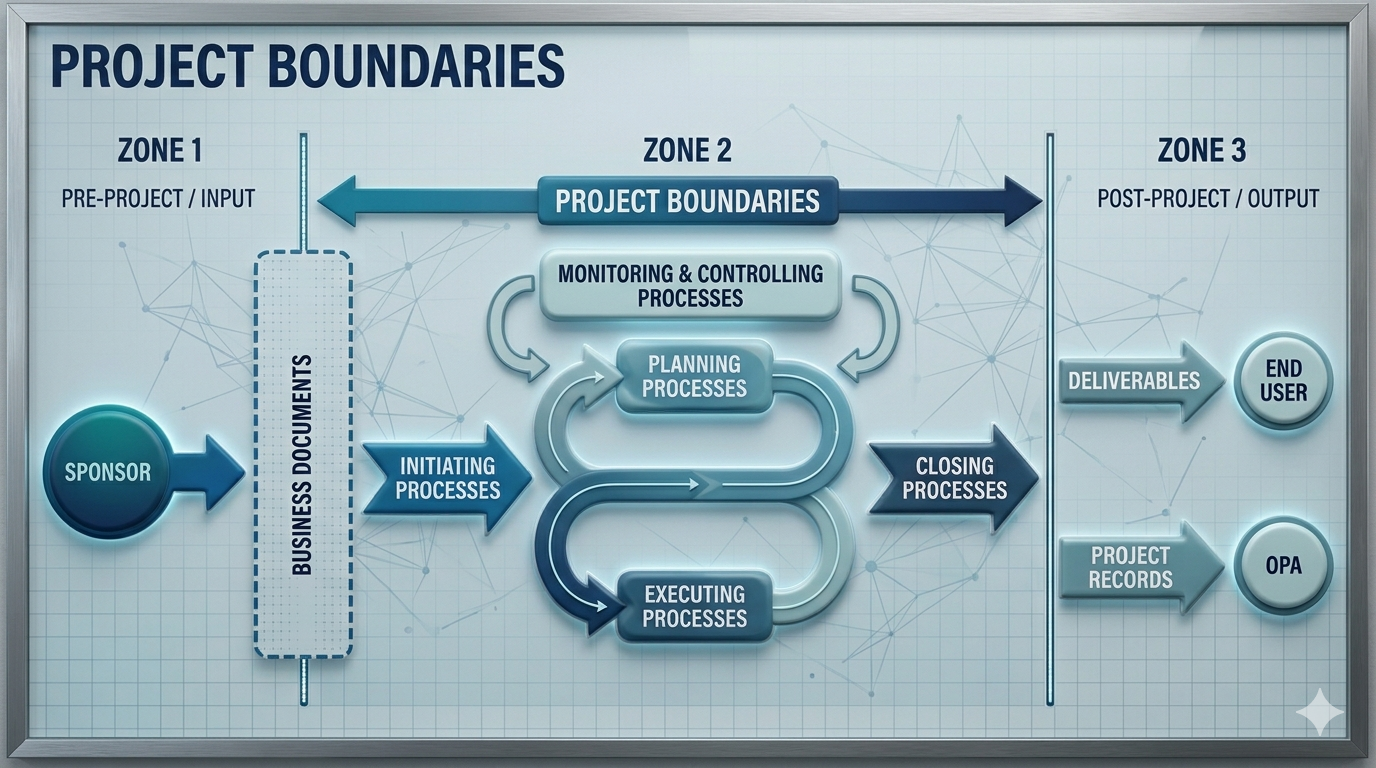 Project scope boundaries diagram showing the distinction between what is inside the project boundary and what lies in the external environment.